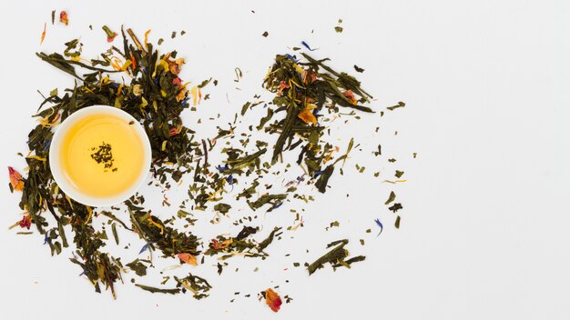 Top view cup of tea with dry leaves