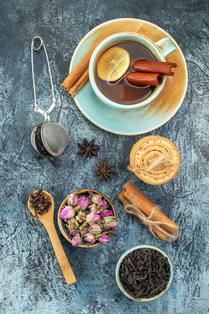 Top view cup of tea with fresh black tea on light background tea coffee color drink fruit photo breakfast