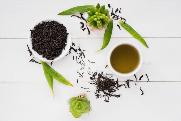 Top view cup of tea with leaves