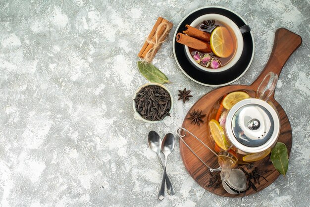 Top view cup of tea with lemon on white background color morning breakfast ceremony food fruit flower flavor