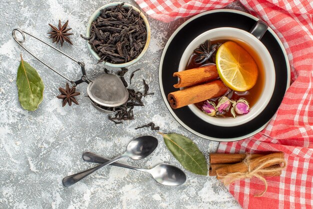 Top view cup of tea with lemon on a white background morning breakfast ceremony flavor food color fruit flower