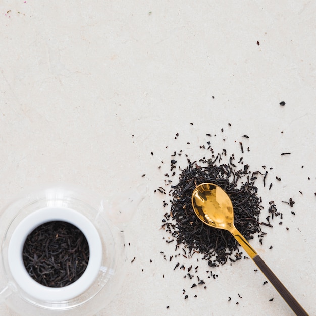 Top view cup of tea with spoon full of dry leaves