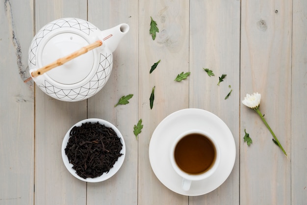 Top view cup of tea with teapot