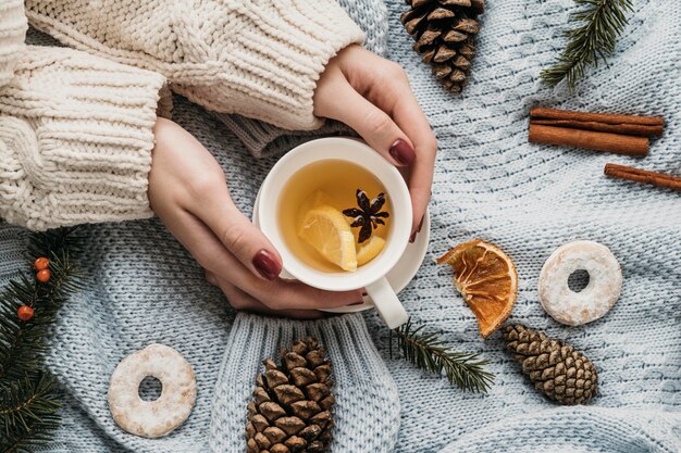 Top view cup with tea and star anise