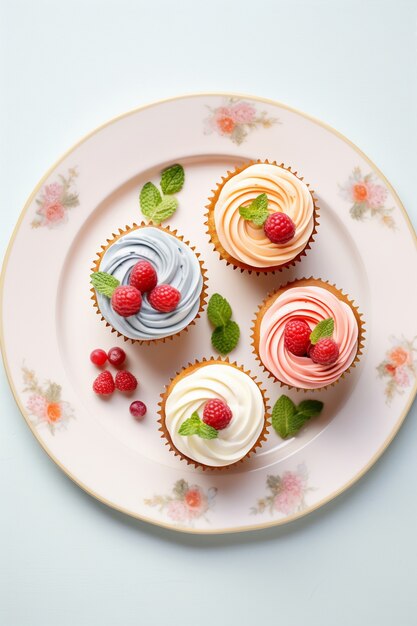 Top view cupcakes with raspberries