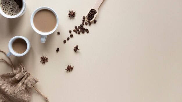 Top view cups of coffee on table