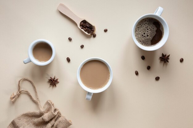 Top view cups of coffee on table