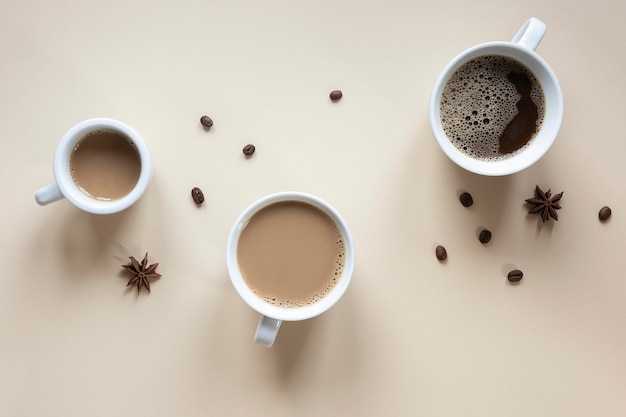 Top view cups of coffee on table