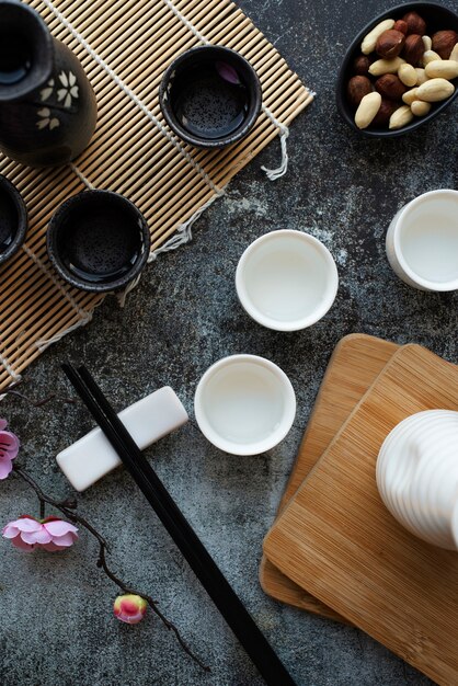 Top view cups with sake drink arrangement