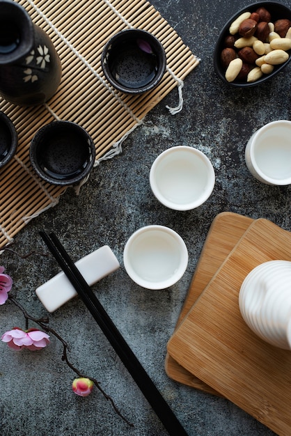 Top view cups with sake drink arrangement