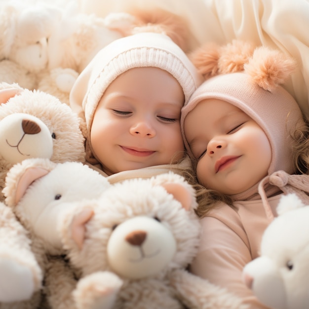 Free photo top view cute baby laying together