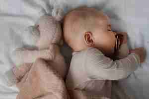 Free photo top view cute baby with stuffed animal