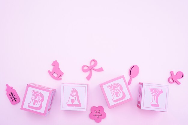 Top view of cute little baby accesories with copy space