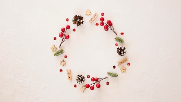 Top view cute winter wreath of elements