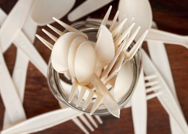 Top view cutlery arrangement in jar