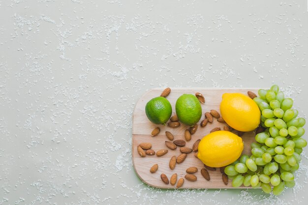 Top view of cutting board with variety of healthy products