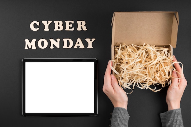 Top view cyber monday elements with text