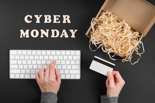 Top view cyber monday event elements with text