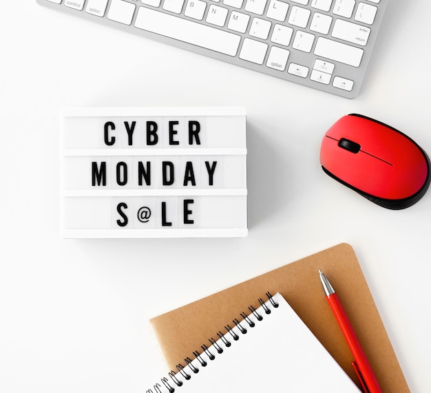 Free photo top view of cyber monday light box with mouse and keyboard