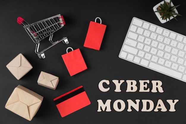 Top view cyber monday sale elements on dark background