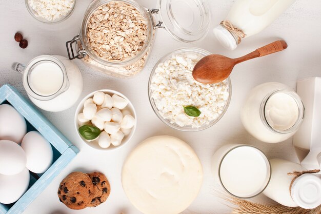 Top view dairy products and cookies