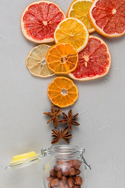 Free photo top view decoration with dried fruit slices