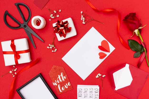 Top view decoration with elements for valentine's day