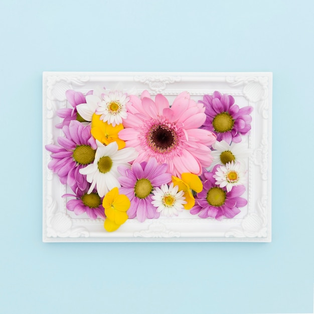 Free photo top view decoration with flowers in a frame