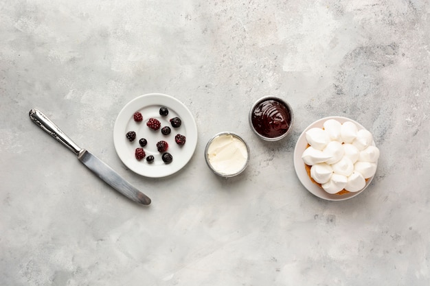 Top view decoration with healthy breakfast on stucco background