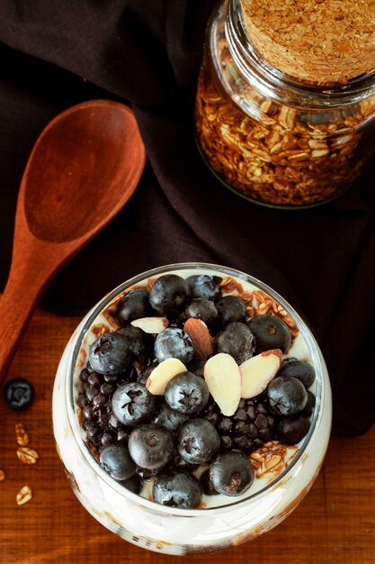 Top view delicious blueberries yogurt