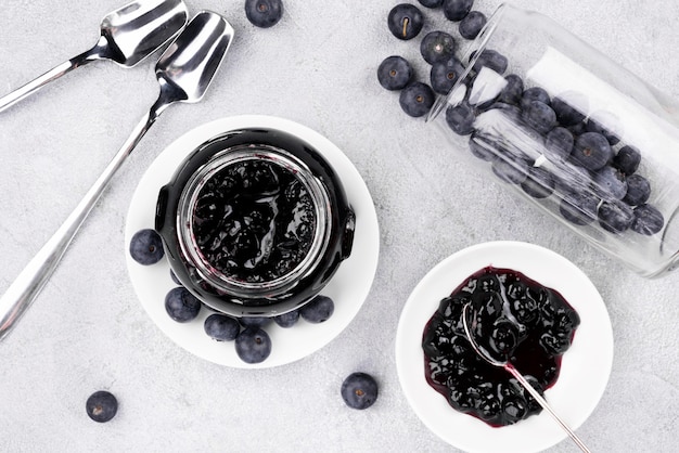 Top view delicious blueberry jam