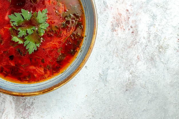 Foto gratuita vista dall'alto deliziosa zuppa di barbabietola ucraina famosa borsch con carne all'interno del piatto su uno spazio bianco chiaro