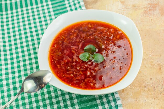 Top view delicious borsch red ukrainian beet soup