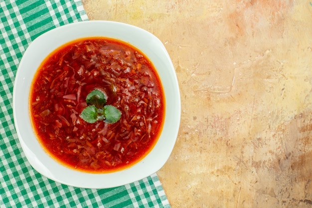 Top view delicious borsch red ukrainian beet soup