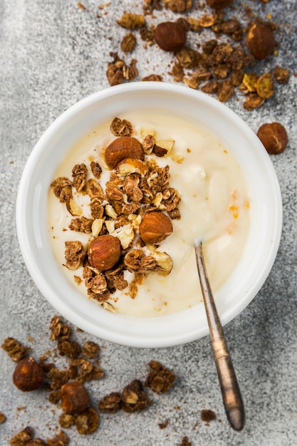 Free photo top view delicious breakfast bowl with granola