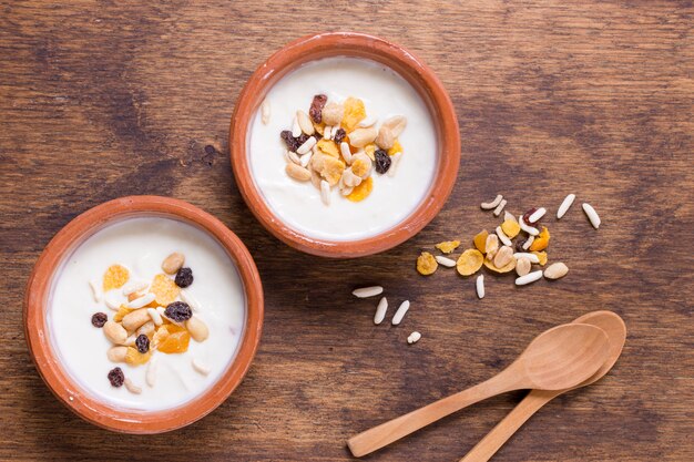 Top view delicious breakfast bowls with oats