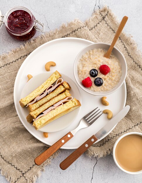 Top view delicious breakfast on a plate