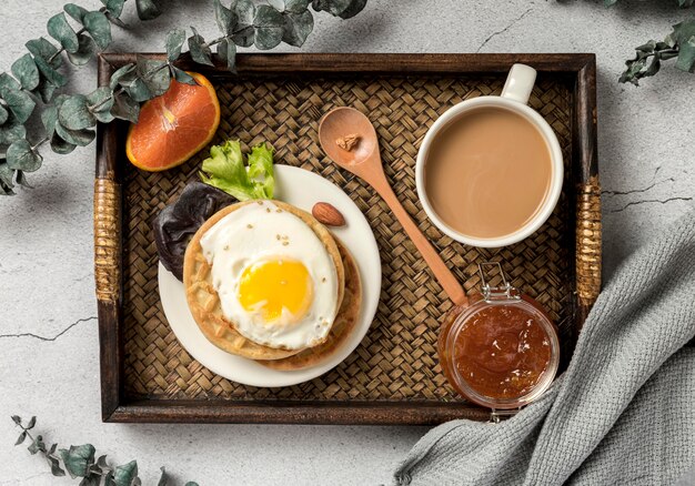 Top view delicious breakfast ready to be served