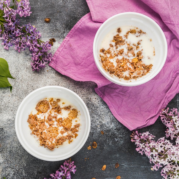 Free photo top view delicious breakfast with granola and milk