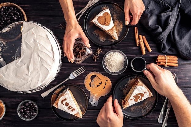 Top view of delicious cake on wooden table