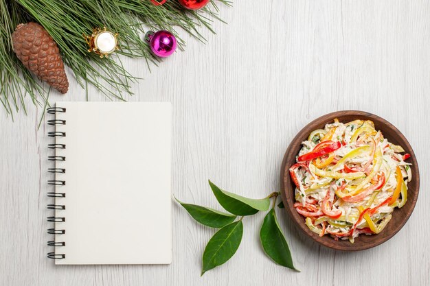 Top view delicious chicken salad with mayyonaise and vegetables on the white desk snack ripe color meat fresh meal salad