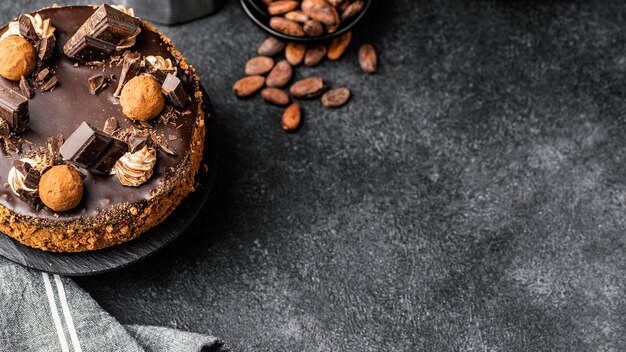 Top view of delicious chocolate cake on stand with copy space