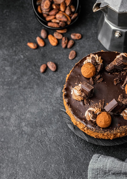 Top view of delicious chocolate cake on stand