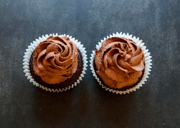 Top view of delicious chocolate cupcakes