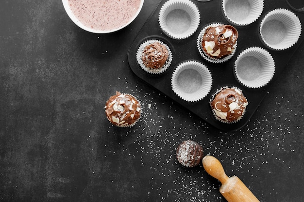 Top view of delicious chocolate cupcakes