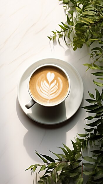 식물과 함께 상위 뷰 맛있는 커피 컵