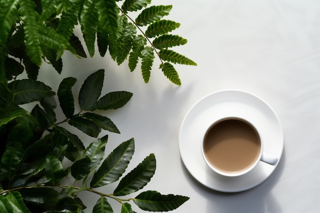 Top view delicious coffee cup with plants