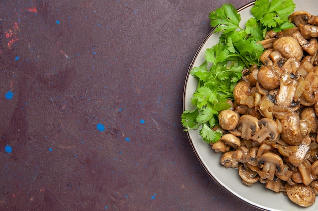 어두운 배경 접시 저녁 식사 야생 식물 음식에 채소와 상위 뷰 맛있는 요리 버섯