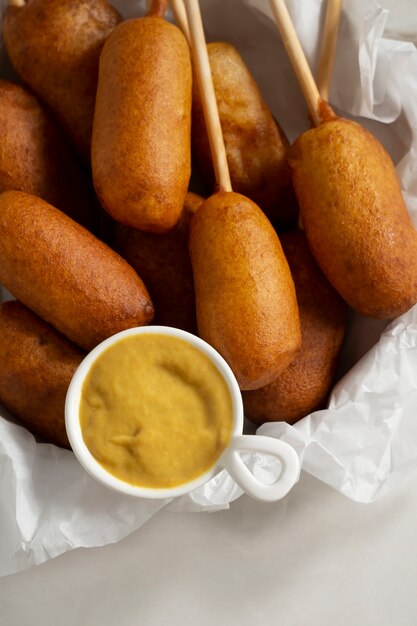 Top view on delicious corn dog