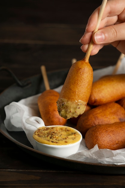 Free photo top view on delicious corn dog